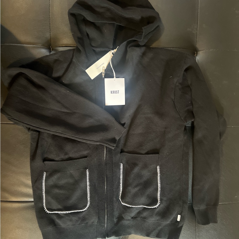 Krost Black Hooded Sweater with White Trim